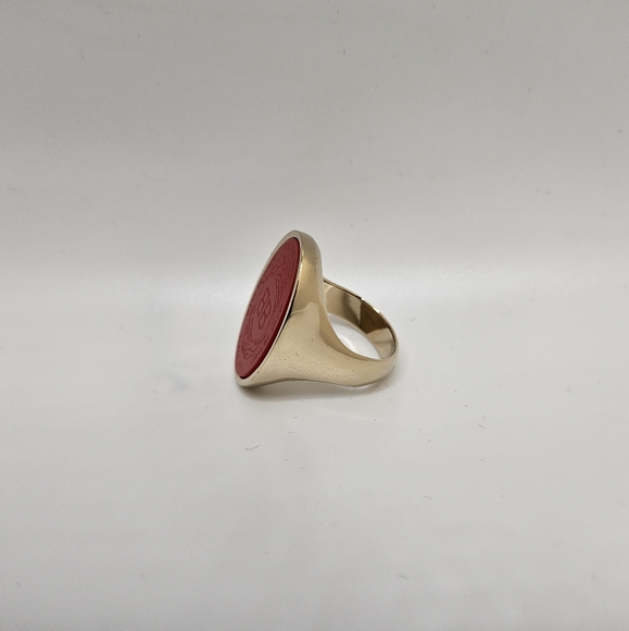 Balenciaga US 9 60 Gold Red Oval Chevaliere Ring Crest Seal Signet Coat Of Arms - Picture 5 of 13